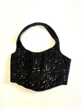 SHEIN Black Sequin Cropped Halter Tank Top